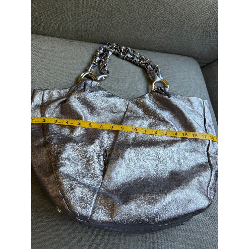Elliot Lucca Silver Metallic Leather Shoulder Handbag Gold Braided Handles Boho - Picture 11 of 15